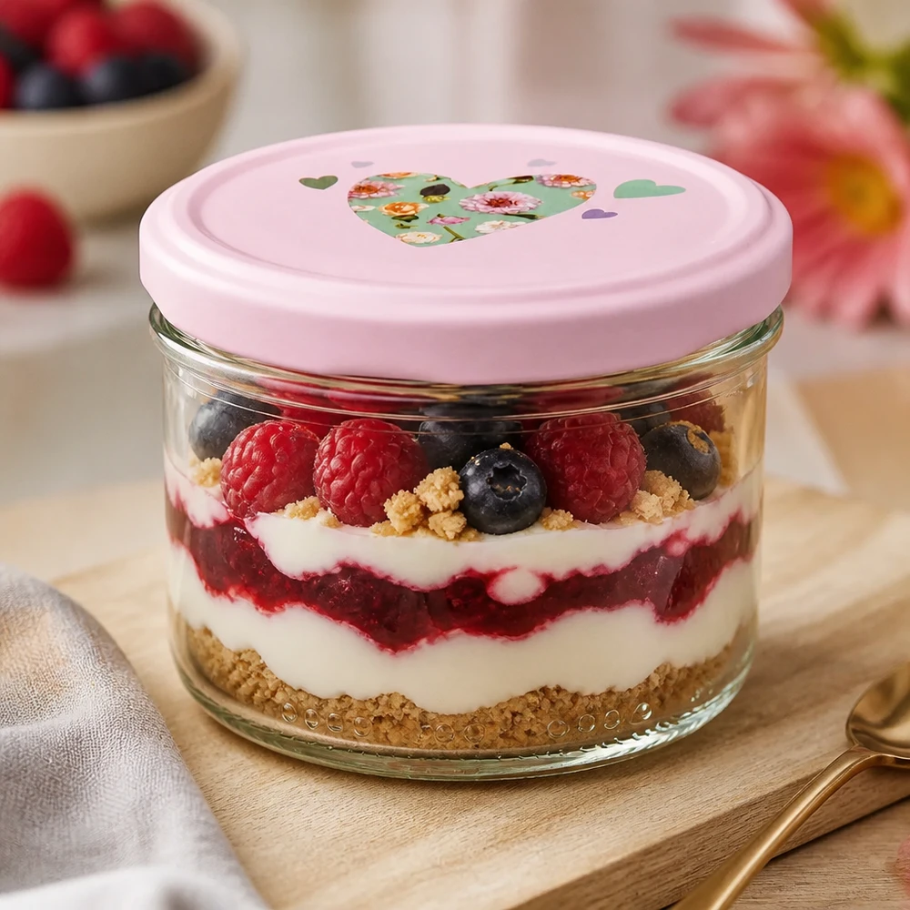 Barattolo cilindrico da 230 ml + coperchio BasicSeal rosa cuore Barattolo per conserve da 230 ml pieno di dessert a strati ai frutti di bosco, coperchio a forma di cuore rosa, pratico per la preparazione di pasti e dessert