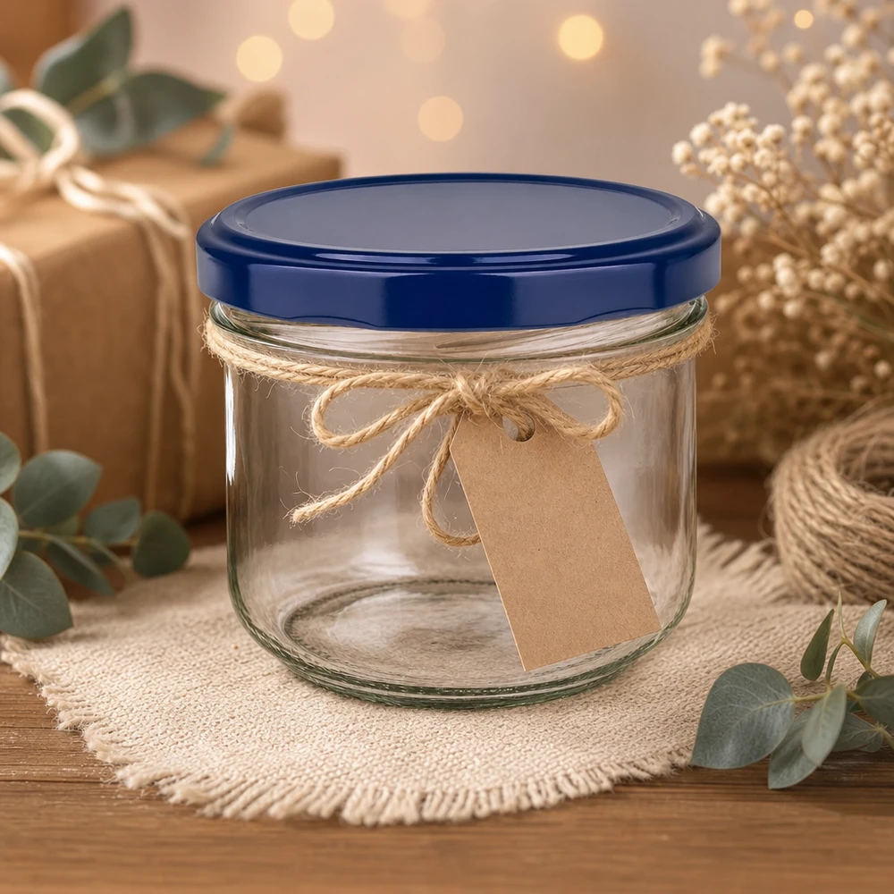 Bicchieri da 260 ml + coperchio BasicSeal blu UNiTWIST Bicchieri da 260 ml con coperchio UNiTWIST blu, decorati con nastro di iuta e etichetta regalo.