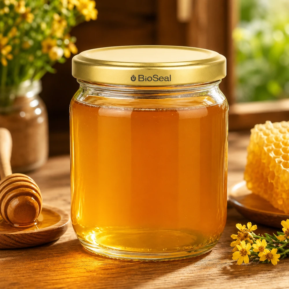 Vasetto per miele da 500 g con capsula dorata BioSeal UNiTWIST Vasetto di miele BioSeal da 500 g con coperchio dorato pieno di miele accanto a favo e cucchiaio da miele su tavolo di legno