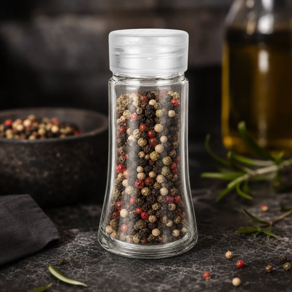 Barattolo per sale/spezie da 95 ml con dosatore, bianco Miscela di pepe in un barattolo da 95 ml con coperchio dosatore bianco su sfondo di pietra scura