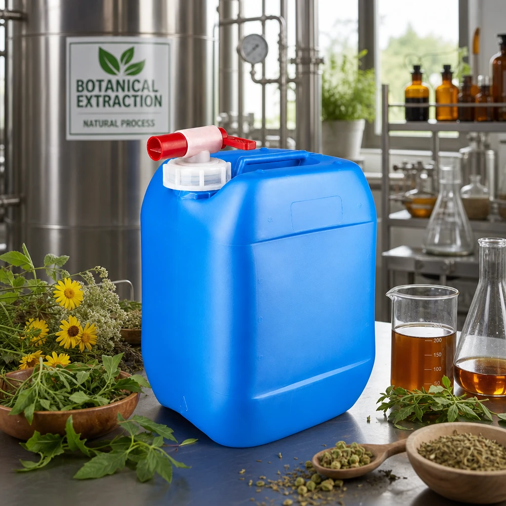 Tanica 10 litri blu con rubinetto di scarico Tanica di plastica blu da 10 litri con rubinetto di scarico in un impianto di estrazione botanica