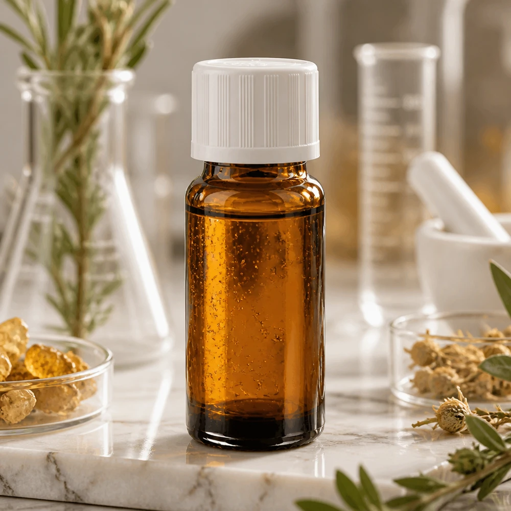 Flacone farmaceutico da 10 ml in vetro marrone con tappo di sicurezza per bambini bianco su fondo marmorizzato