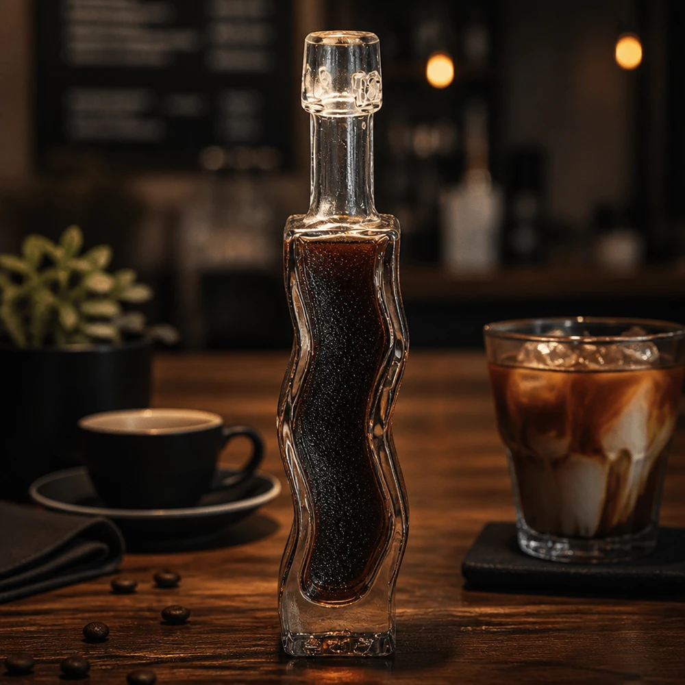 Flacone in vetro da 40 ml Fila senza tappo UNiTWIST® Bottiglia di vetro da 40 ml Anna riempita di sciroppo di caffè scuro Ambiente da bar Tavolo di legno Esempio di applicazione Accessori per baristi