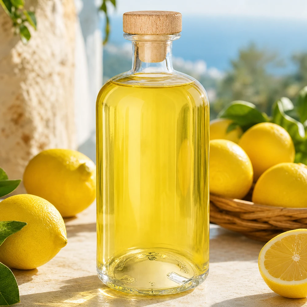Flacone farmaceutico da 500 ml Flora con tappo in sughero con impugnatura in legno UNiTWIST® Flora 500ml bottiglia di vetro con tappo di legno riempita di liquido giallo tra limoni freschi su tavolo di legno