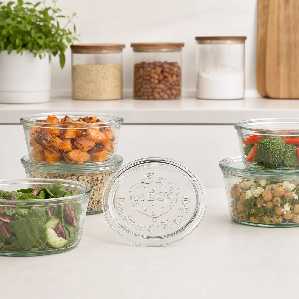Coperchio in vetro WECK RR100 per le ciotole per la preparazione dei pasti con insalate e verdure preparate nelle cucine moderne