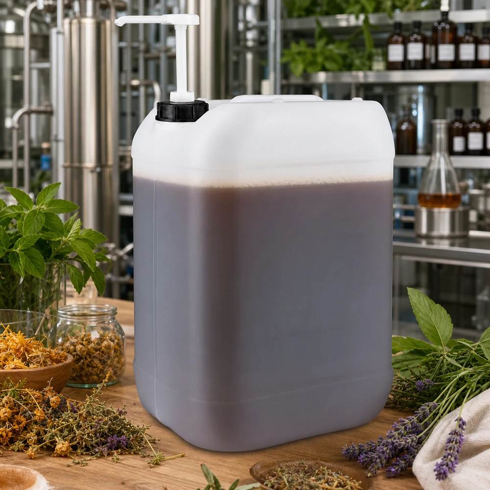Tanica da 25 litri con pompa dosatrice Tanica semitrasparente da 25 litri con contenuto liquido marrone e pompa dosatrice nel laboratorio di erboristeria