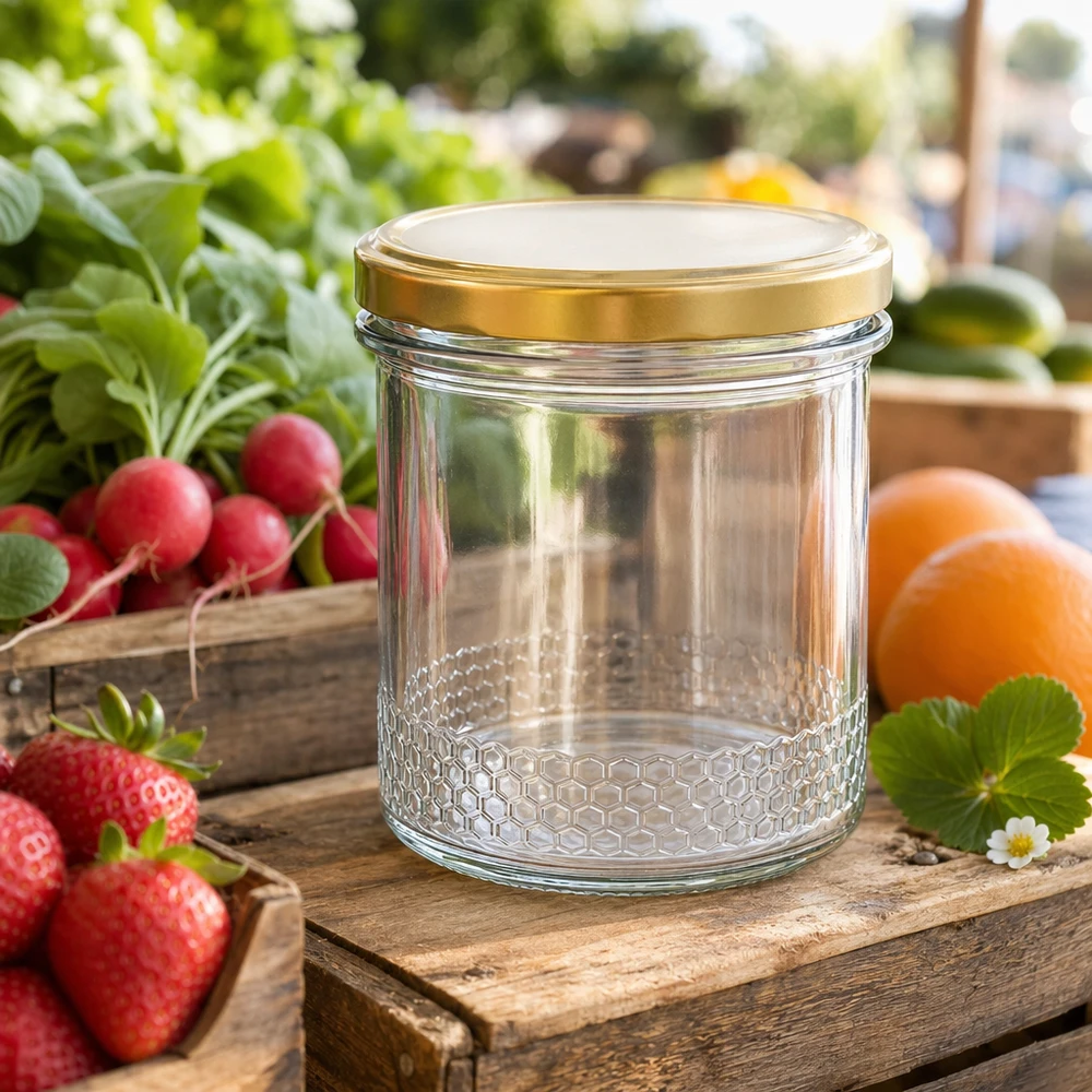 Vasetto per miele da 560 g con capsula dorata BasicSeal UNiTWIST Vasetto di miele da 400 ml con coperchio BasicSeal oro UNiTWIST su una cassa di legno in giardino, circondato da fragole fresche e ravanelli
