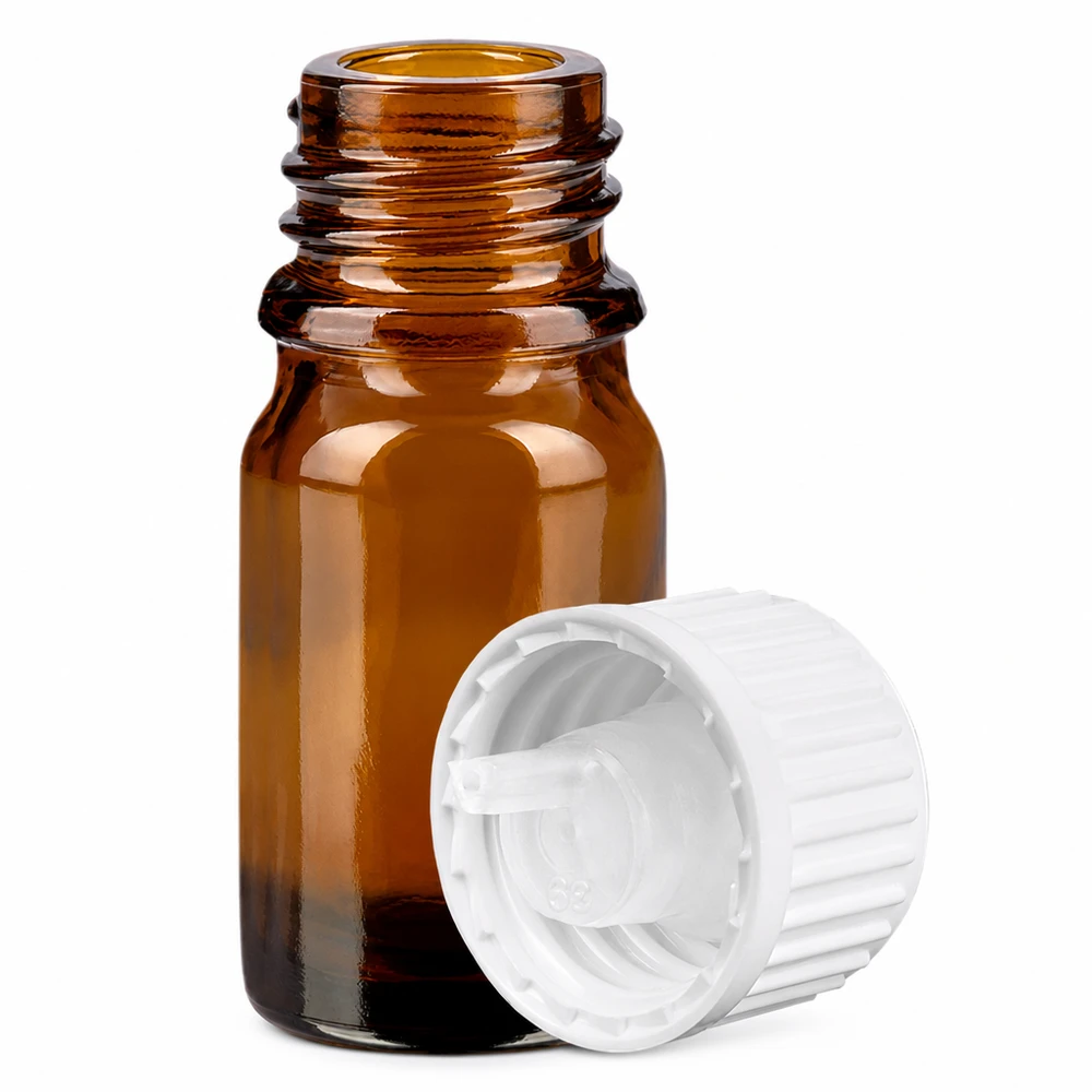 Flacone contagocce da 5 ml 0,9 mm bianco STD BrownLine UT18/5 Flacone contagocce da 5 ml in vetro ambrato con apertura da 0,9 mm e tappo bianco per un'applicazione precisa.