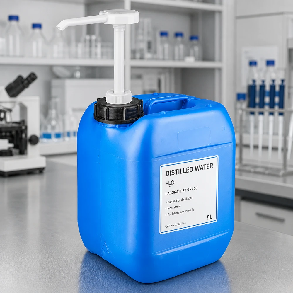 Tanica da laboratorio da 5 litri, blu, con pompa dosatrice e scritta “Acqua distillata” in laboratorio