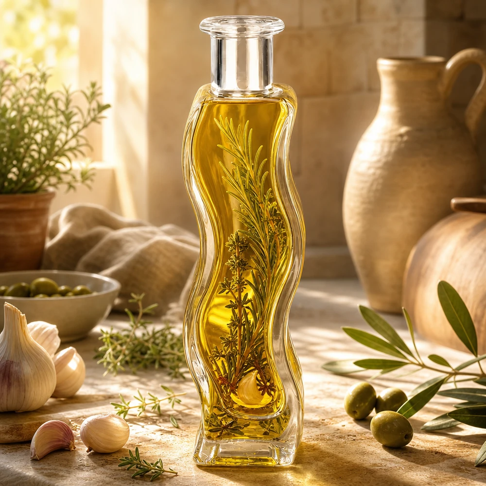 Flacone in vetro da 100 ml Melissa senza tappo UNiTWIST® Bottiglia di vetro Melissa da 100 ml riempita con olio alle erbe e rametti di rosmarino in una cucina mediterranea con olive e ceramiche