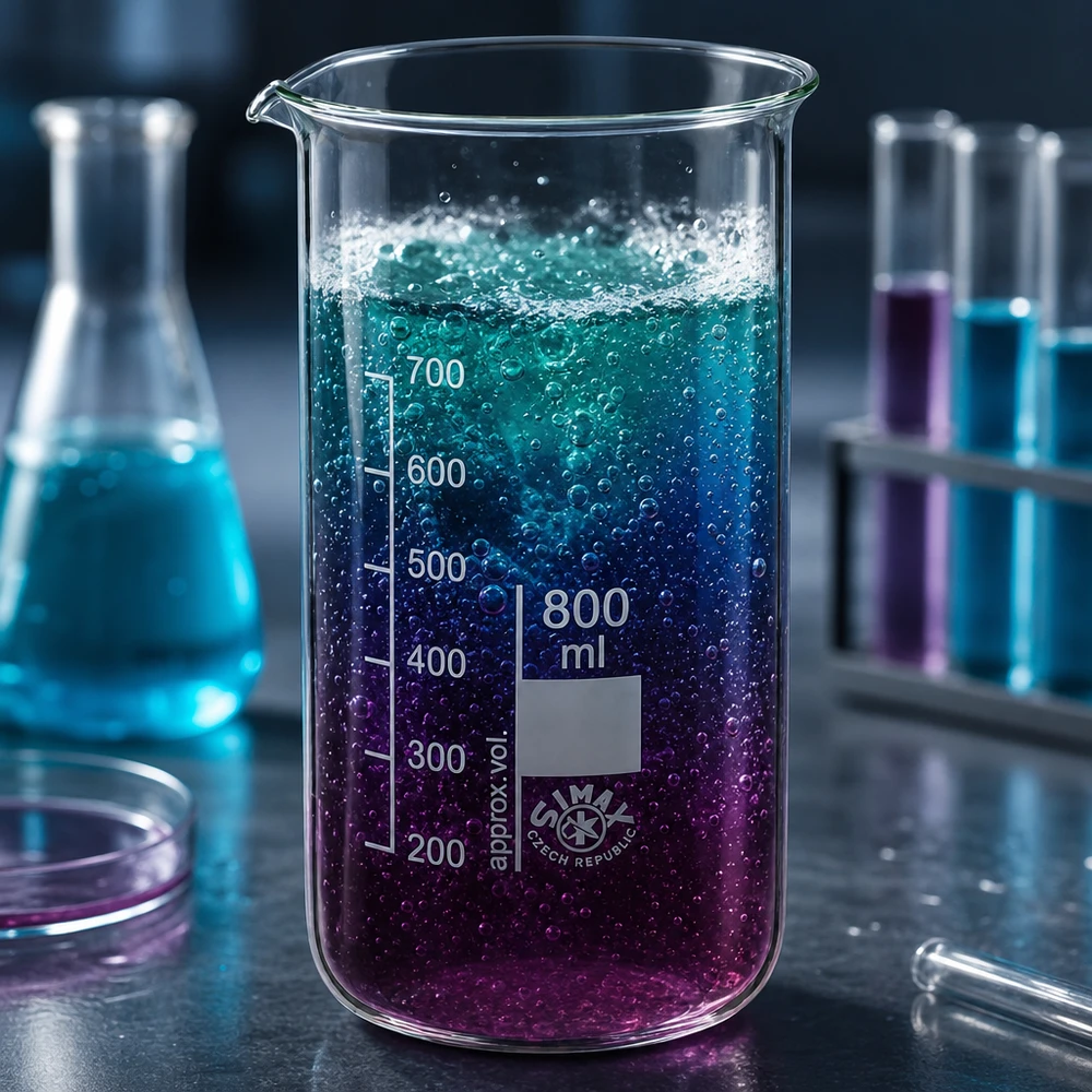Bicchiere da 800 ml in vetro borosilicato, forma alta Bicchiere da laboratorio da 800 ml, forma alta, con liquido dalle sfumature dal blu al viola e formazione di bolle in laboratorio