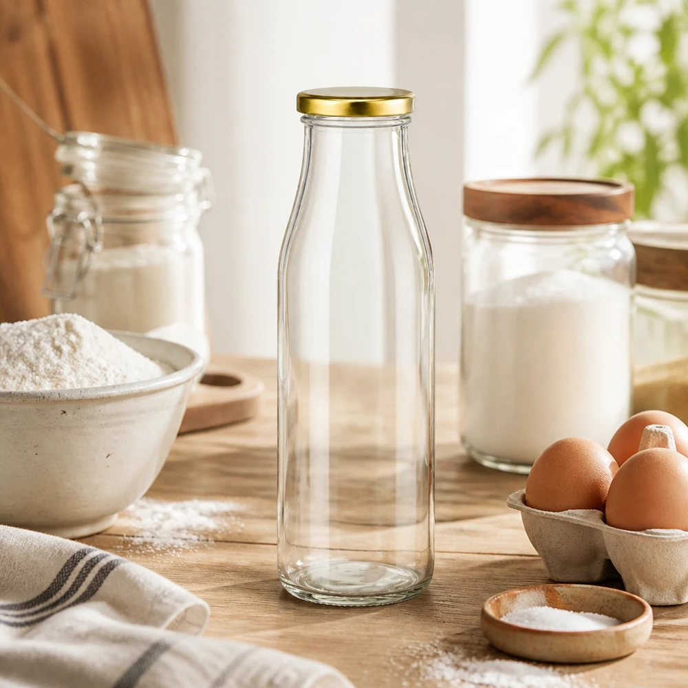 Bottiglia di vetro da 500 ml + coperchio BasicSeal oro UN.. Bottiglia in vetro da 500 ml BasicSeal coperchio oro in cucina con farina uova latte vetro su piano di lavoro in legno utensili da cucina