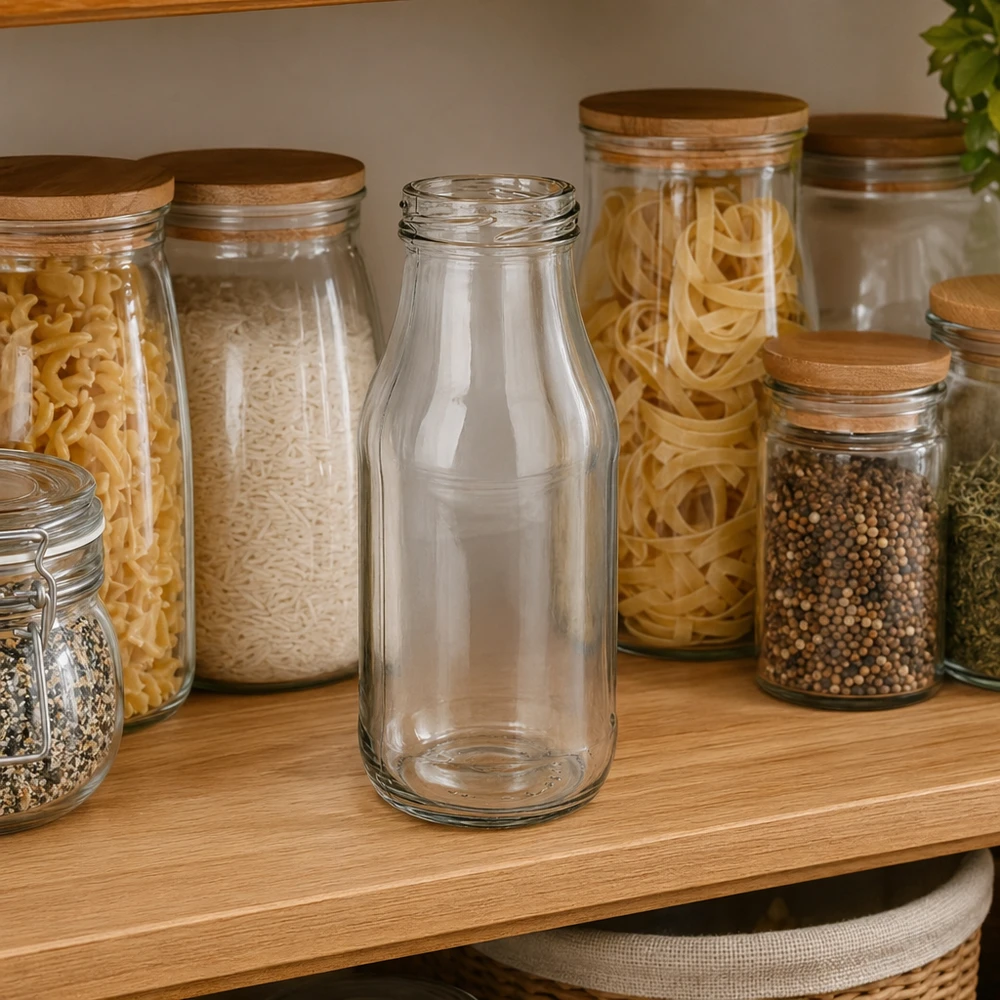 UNiTWIST Bottle263 - Capacità bottiglia 263ml TO43 UNiTWIST Bottiglia263 Bottiglia di vetro 263ml TO43 vuota trasparente su scaffale di legno accanto a barattoli con pasta e spezie