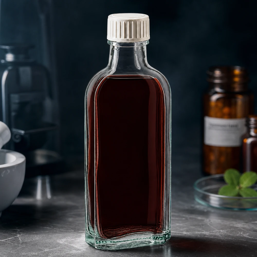 Flacone di vetro Meplat da 100 ml con inserto in schiuma di PE e contenuto liquido scuro in ambito di laboratorio