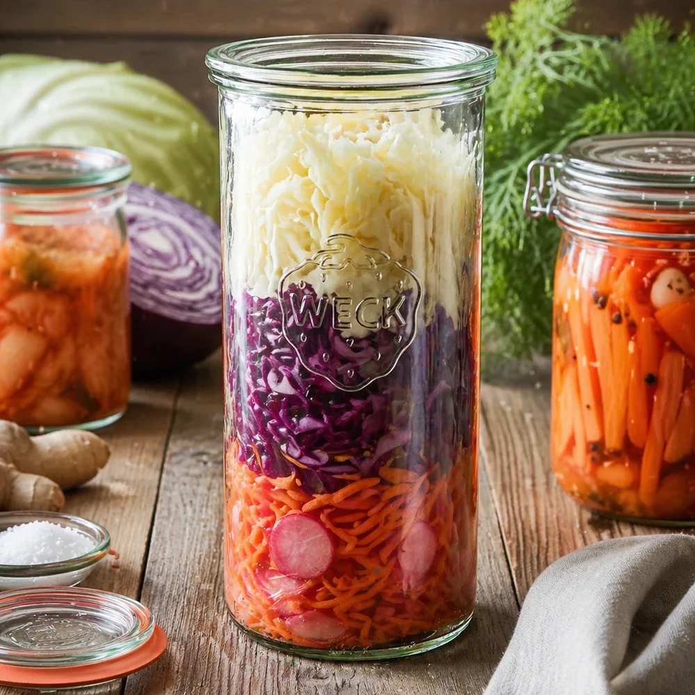 Bicchieri da 1500 ml con coperchio in vetro WECK RR100 WECK RR100 1500ml mason jar con crauti vegetali fermentati su un tavolo di legno tra ingredienti freschi