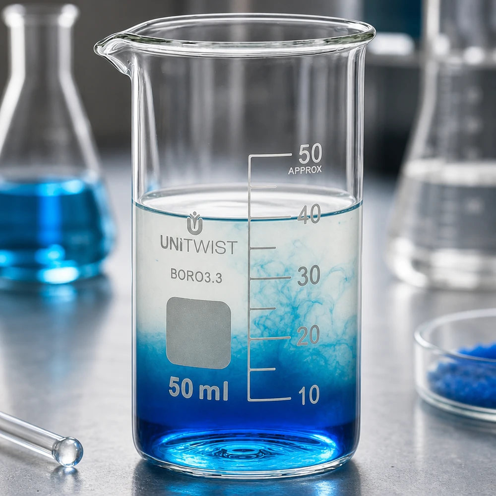 Becher da laboratorio graduato da 50 ml, forma alta, borosilicato 3.3, con beccuccio, trasparente