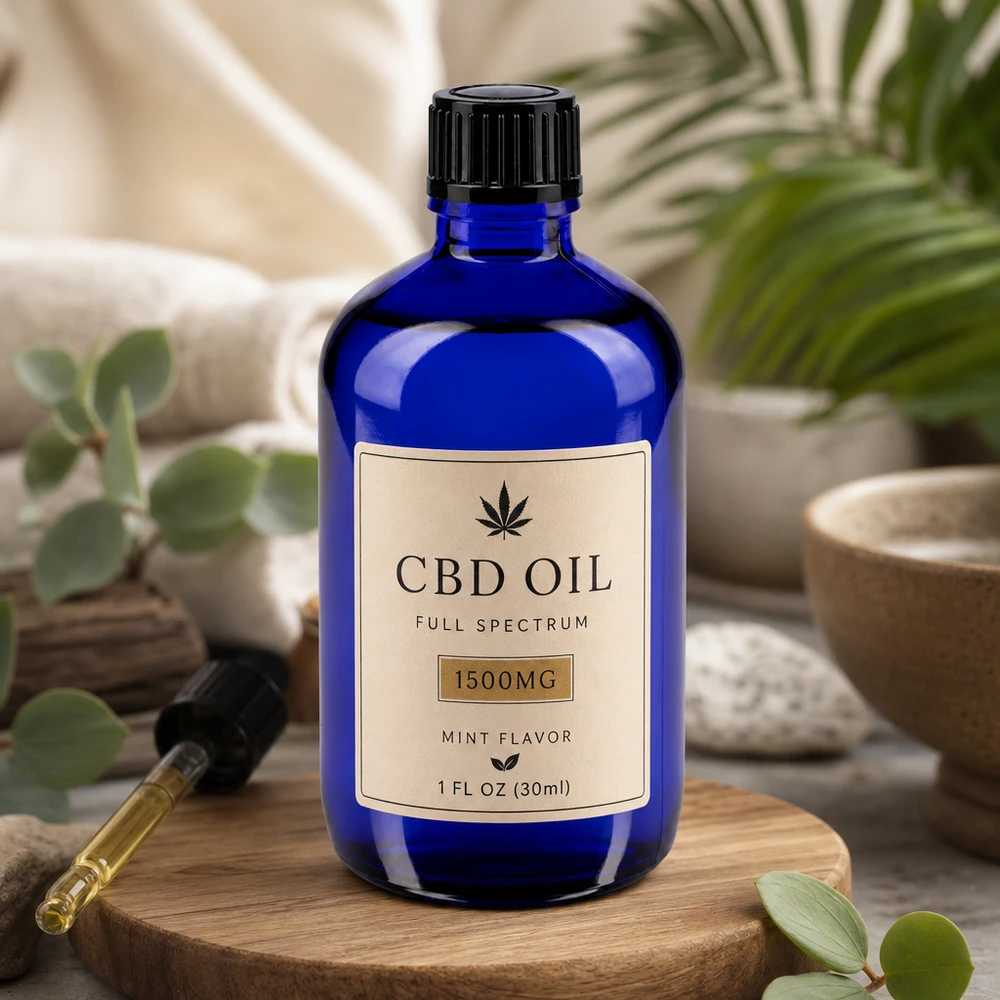 Flacone di vetro blu da 100 ml con contagocce da 1 mm per olio di CBD e rimedi naturali, su base di legno