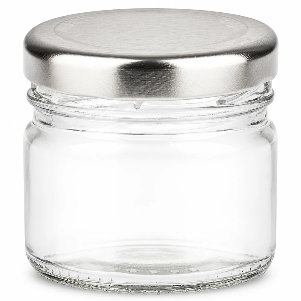 Vaso rotondo in vetro da 33 ml + coperchio BasicSeal argento UNiTWIST Vasetto da 33 ml UniTwist con coperchio twist-off argentato, realizzato in vetro trasparente di alta qualità