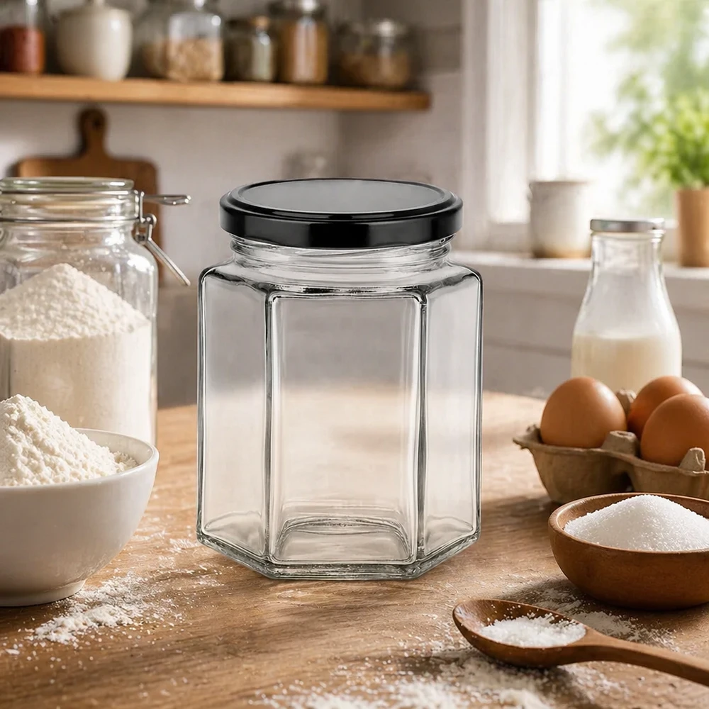 Vaso hexa da 196 ml con coperchio BasicSeal nero UNiTWIST. Barattolo esagonale da 196 ml vuoto su piano di lavoro in legno con ingredienti da forno - mostra l'integrazione in cucina del barattolo esagonale con il nero