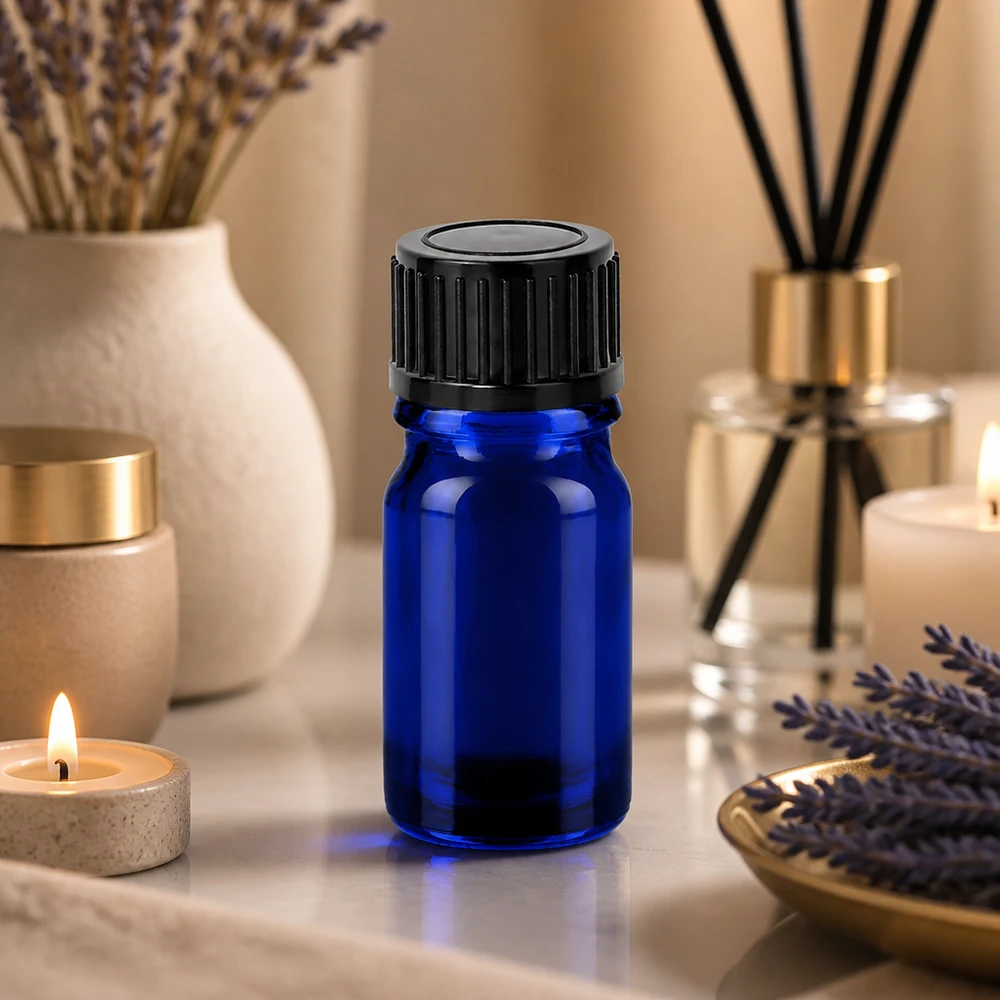 Bottiglia da 5ml 11mm SV nero STD BlueLine UT18/5 Pratico flacone blu da 5 ml con tappo nero a prova di bambino per prodotti benessere