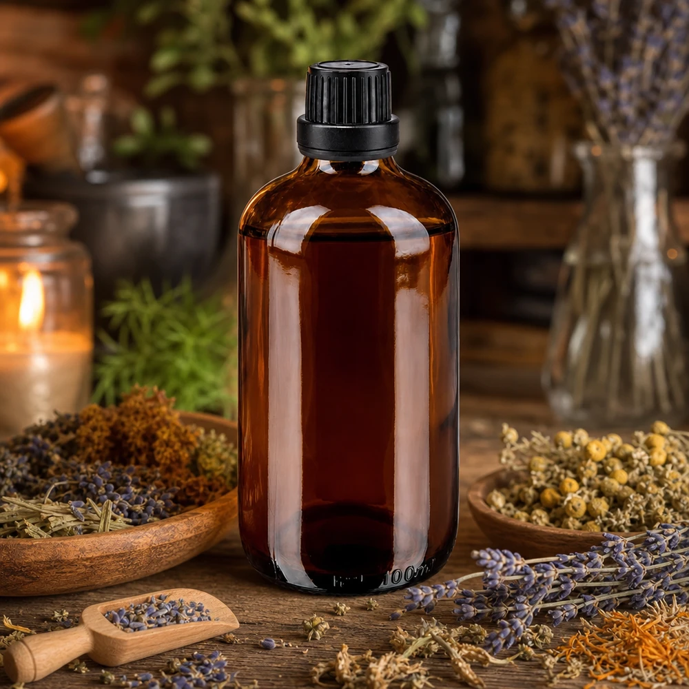 Flacone di vetro da 100 ml color ambra con tappo a vite nero, circondato da fiori secchi ed erbe aromatiche