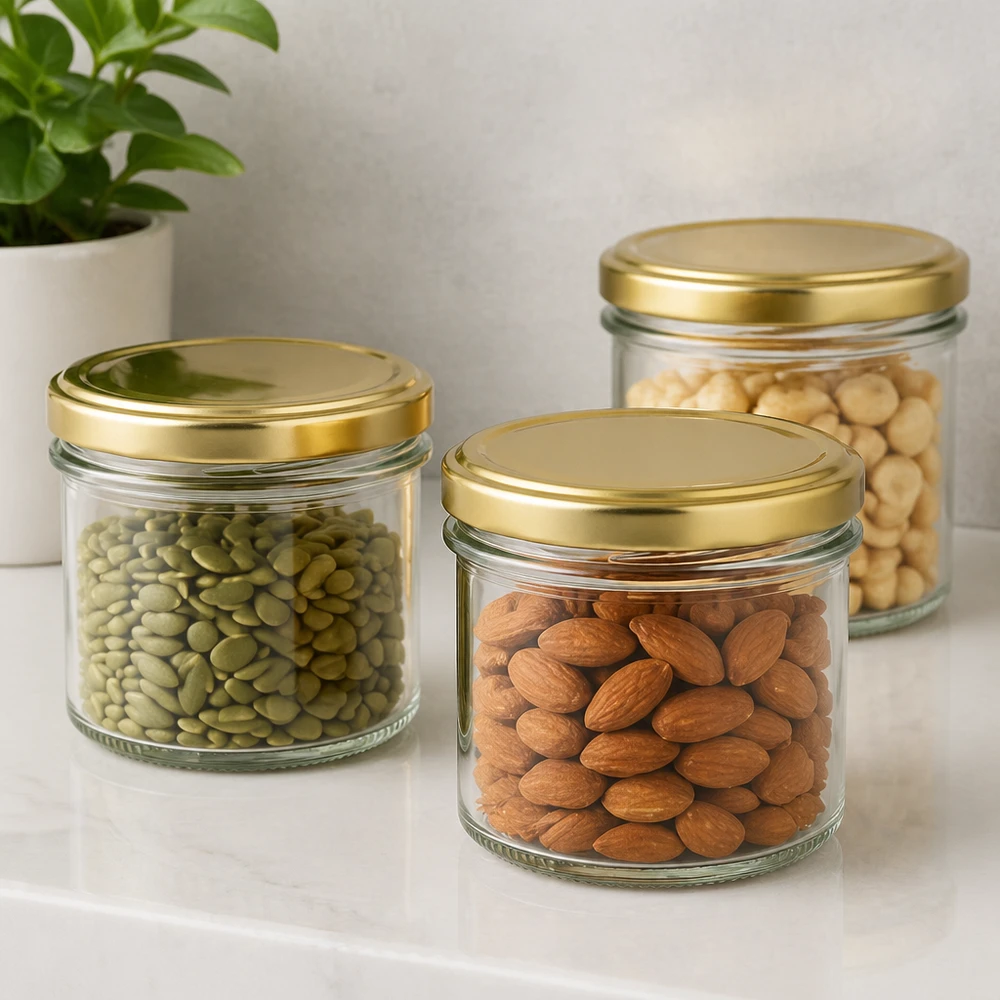 Bicchieri da 125 ml con coperchio BasicSeal oro UNiTWIST 125ml Sturzgläser mit BasicSeal Deckel gold für Nüsse und Trockenfrüchte - elegante Aufbewahrung in der Küche