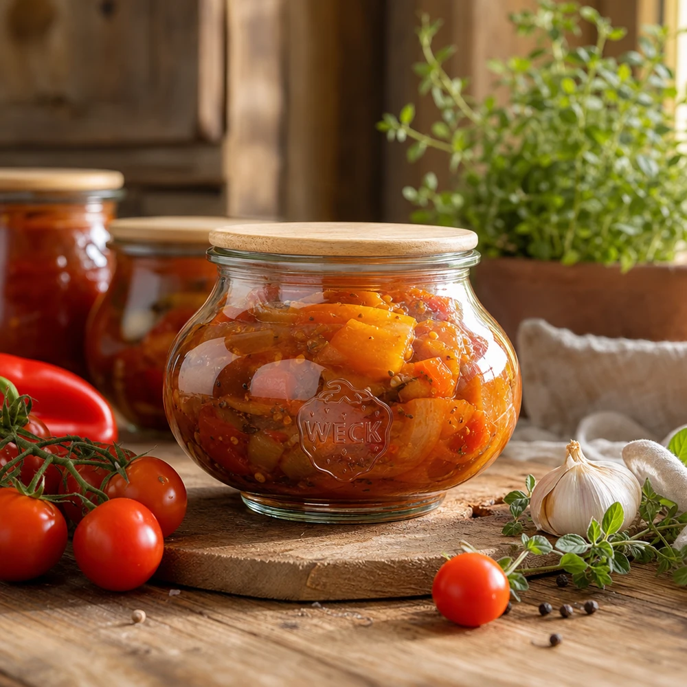 Vaso per gioielli WECK RR80 da 560 ml con coperchio in legno Barattolo WECK da 560 ml con coperchio in legno riempito di pomodoro spalmabile in una cucina rustica con ingredienti freschi