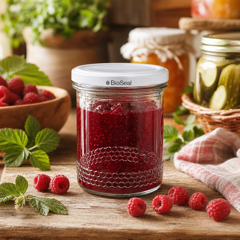 Vasetto per miele da 560 g con capsula bianca BioSeal UNiTWIST Marmellata di lamponi in un vasetto di miele da 400 ml con coperchio BioSeal, circondato da lamponi freschi su una tavola di legno.