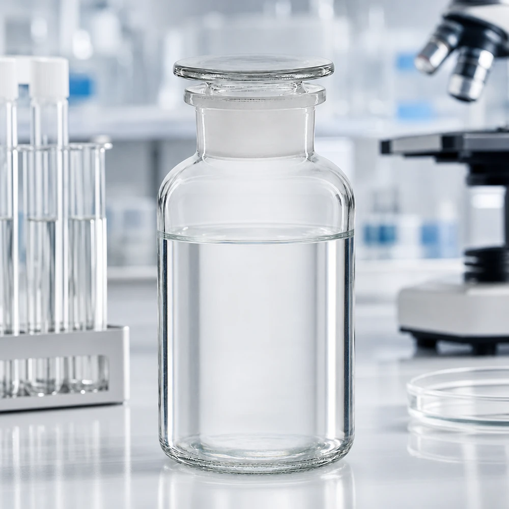 Fiaschetta da farmacia da 500 ml a collo largo, trasparente, con tappo di vetro, su un tavolo da laboratorio bianco