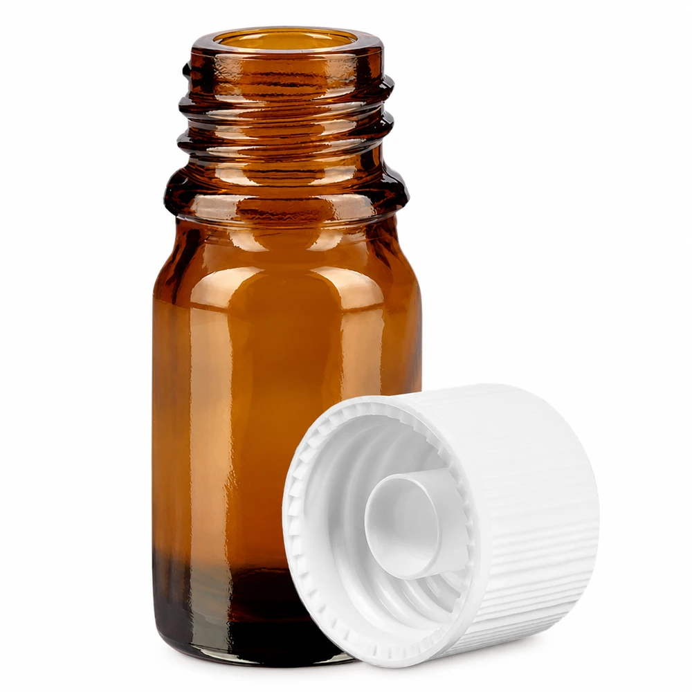Flacone da 5 ml in vetro ambrato con filettatura da 11 mm e tappo bianco per la protezione dai raggi UV di sostanze sensibili