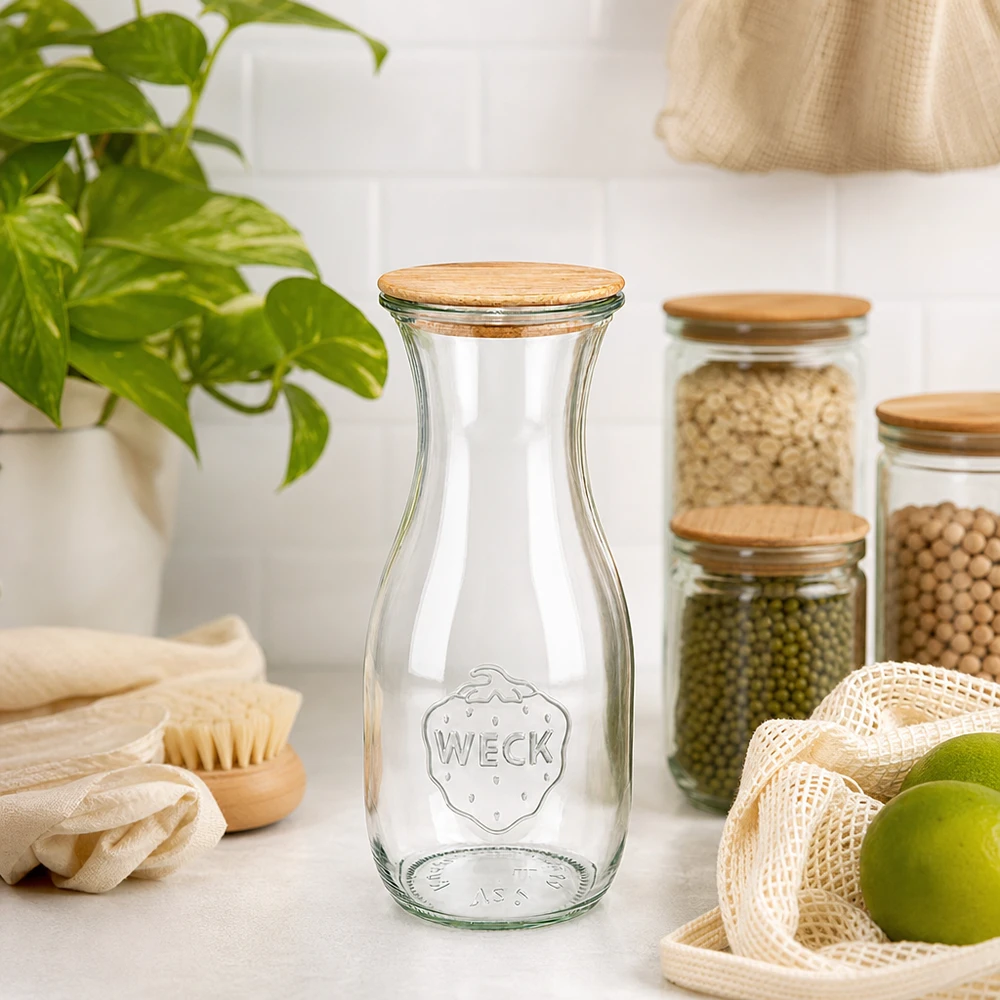 Bottiglia di succo WECK 530ml RR60 con coperchio in legno in una cucina sostenibile a rifiuti zero accanto a prodotti e piante biologiche