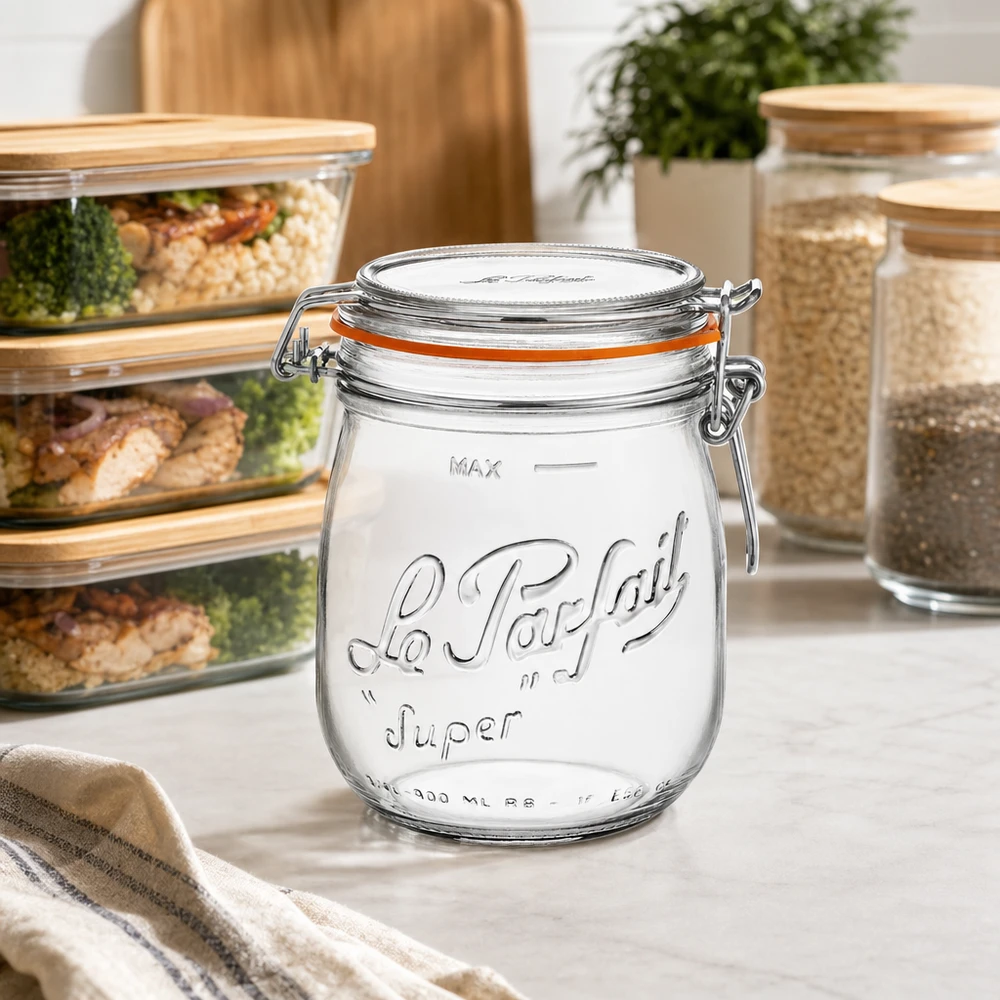 Barattolo da 750 ml Le Parfait Super con tappo girevole in una cucina moderna insieme ad altri contenitori