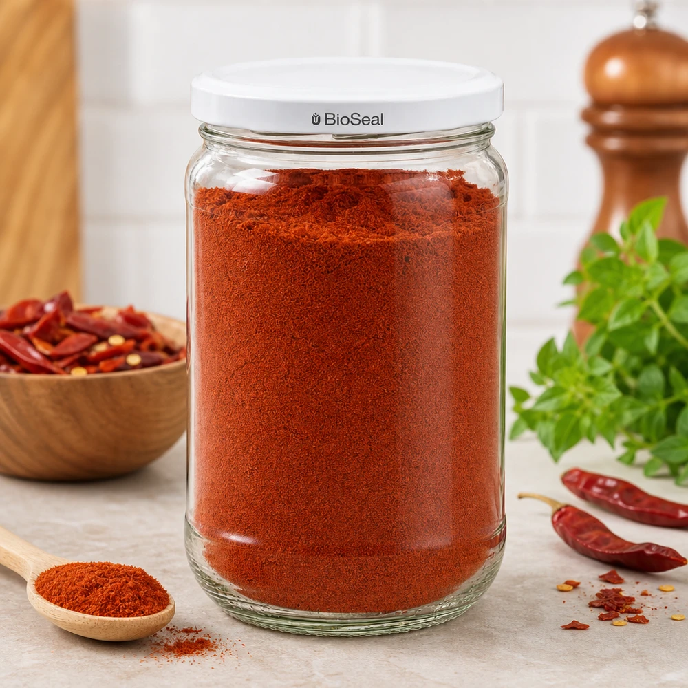 UNiTWIST Runda305 con coperchio bianco TO63 BioSeal UNiTWIST Runda305 con coperchio bianco BioSeal riempito di paprika in polvere - conservazione delle spezie in cucina