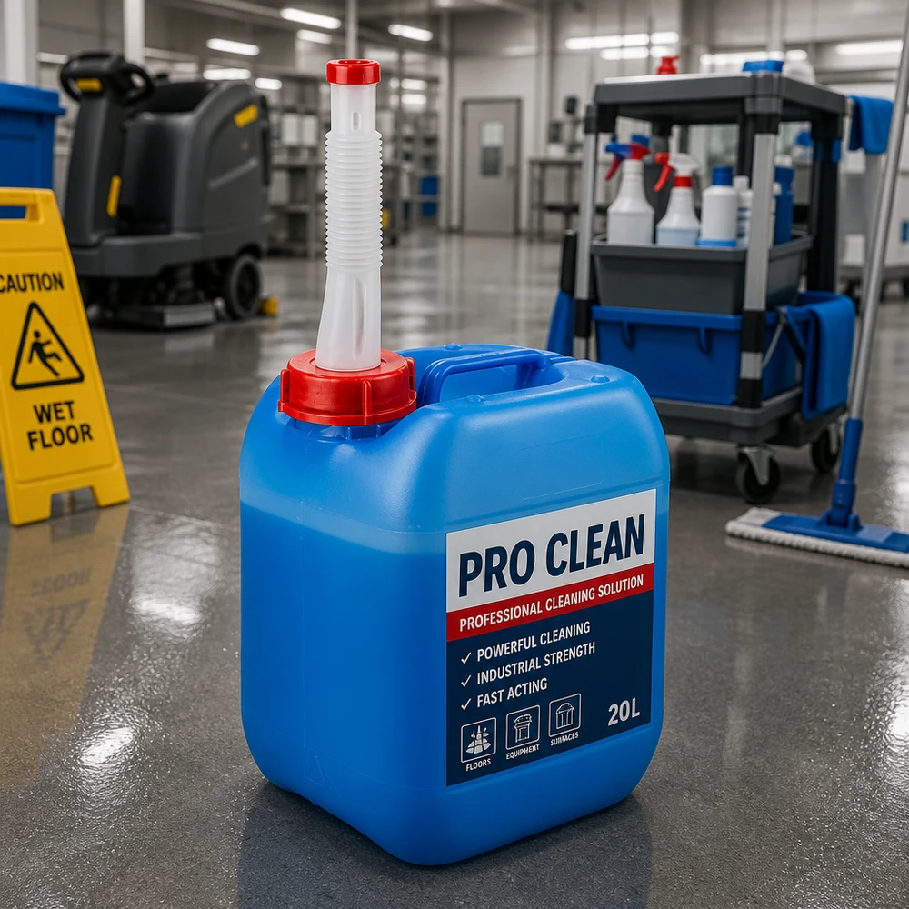 Tanica per detergenti da 5 litri, blu, con tubo di scarico, per la pulizia professionale degli edifici