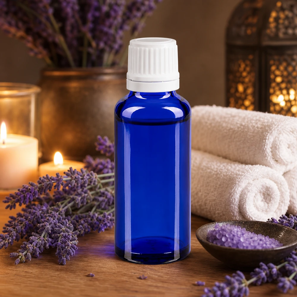Flacone contagocce blu da 30 ml in ApoGlas con tappo di sicurezza per bambini bianco, per oli essenziali