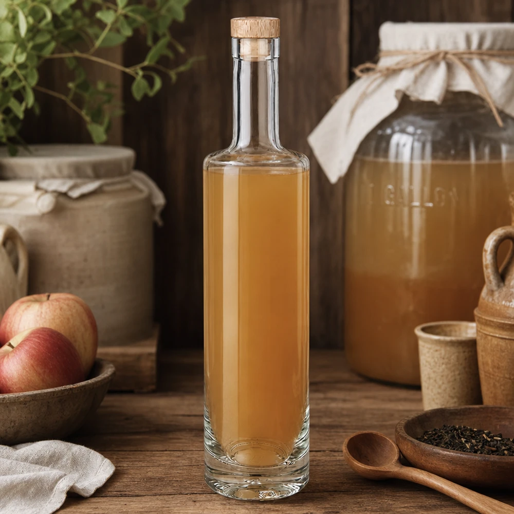 Bottiglia da 500 ml in vetro Lina con tappo in legno riempita di liquore alla mela Cucina rustica ambiente mele erbe aromatiche