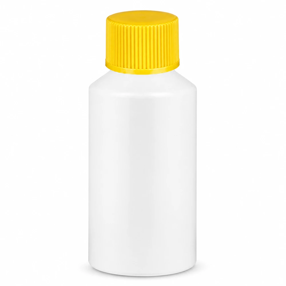 Flacone da farmacia in plastica HDPE adatta al contatto con gli alimenti, 50 ml, bianco con tappo giallo