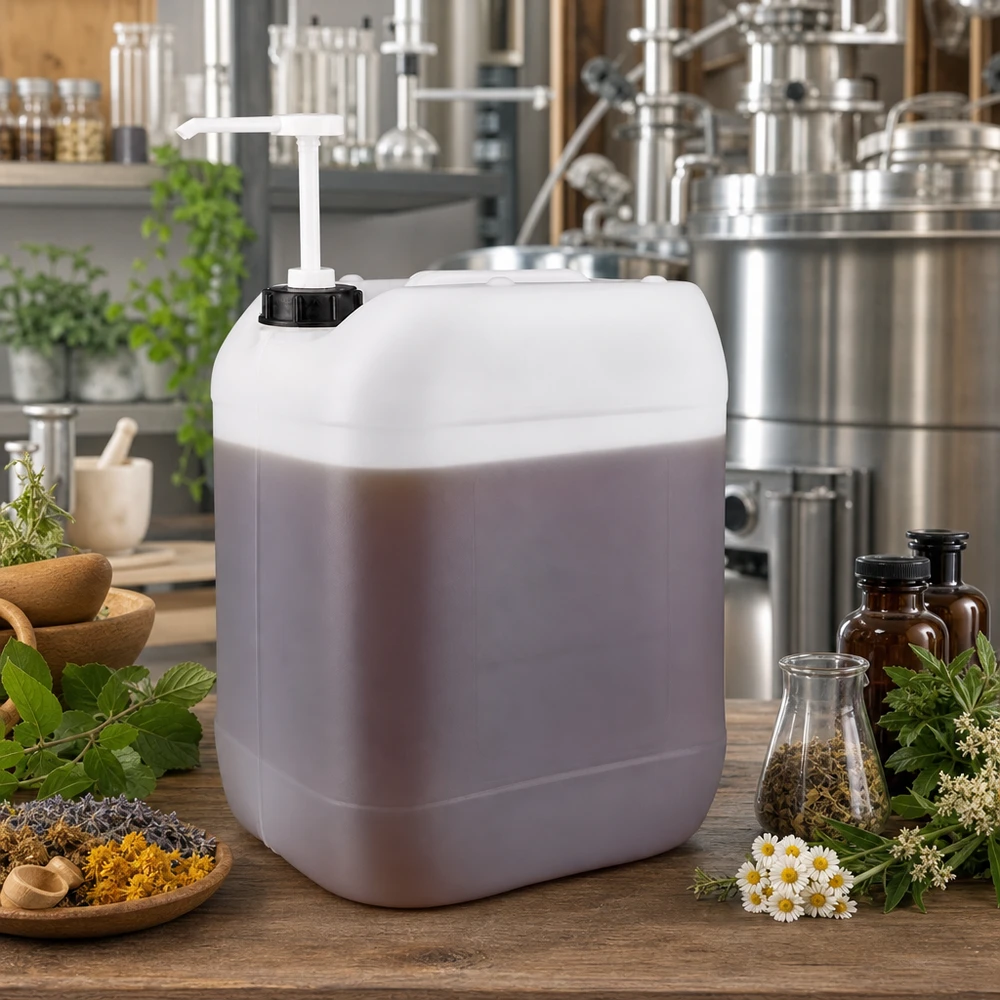 Tanica da 20 litri color viola chiaro con pompa dosatrice bianca, circondata da erbe medicinali e fiori secchi