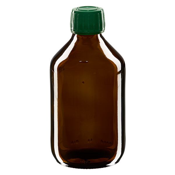Flacone per medicinali da 250 ml marrone, tappo verde con chiusura antimanomissione Flacone per medicinali da 250 ml marrone, tappo verde con chiusura antimanomissione