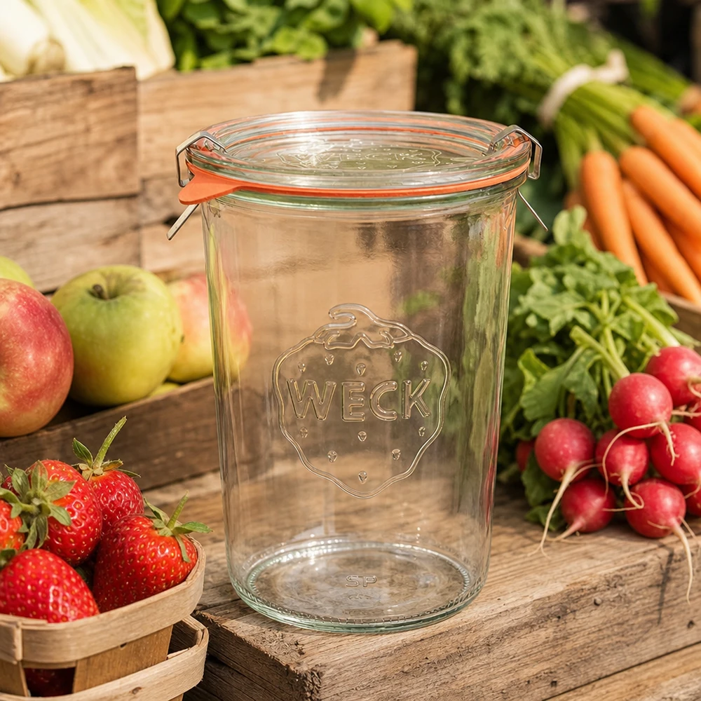 Vaso tumbler da 850 ml completo WECK RR100 WECK RR100 barattolo per conserve 850ml con frutta e verdura fresca su un tavolo di legno rustico come scena di cucina per la conservazione