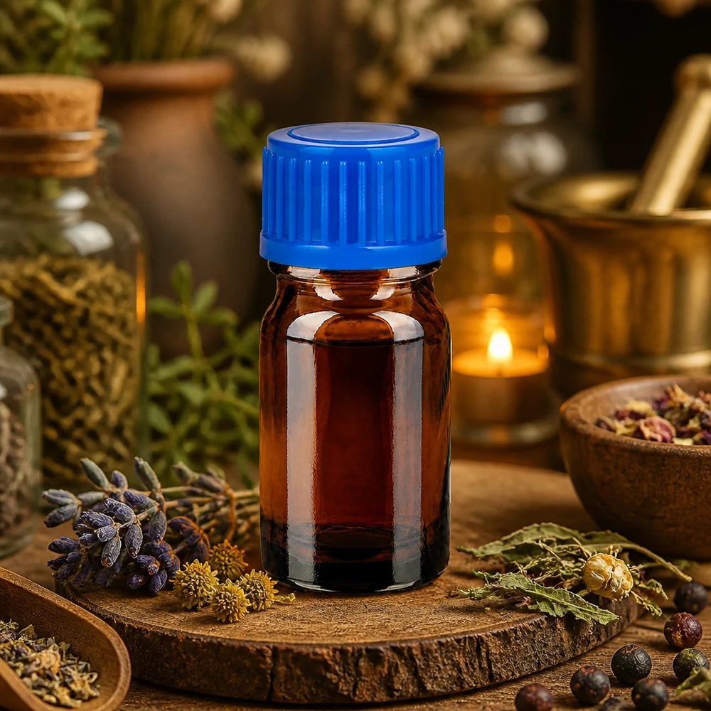 Flacone da 5 ml in vetro ambrato con protezione UV e tappo blu per sostanze sensibili alla luce