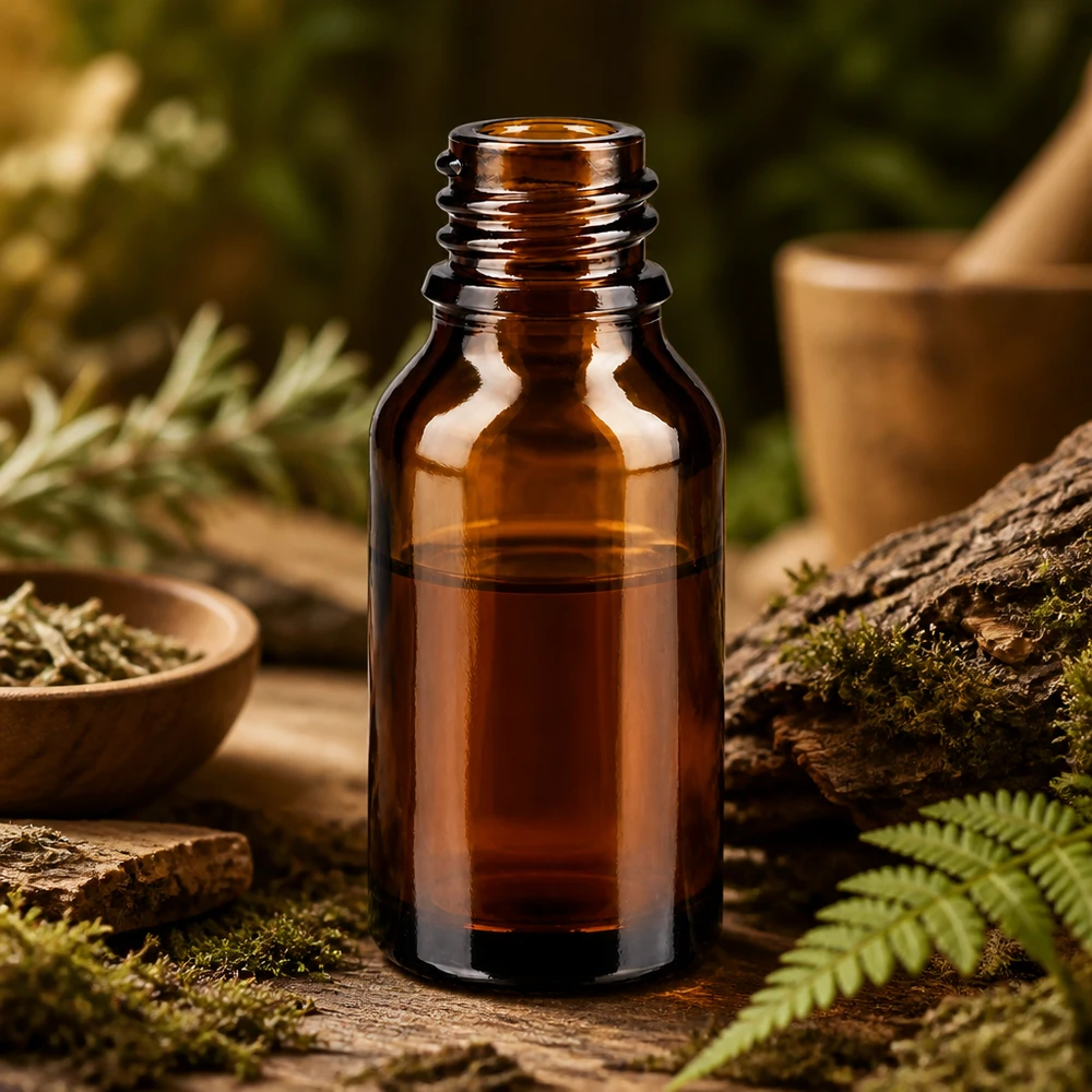 Flacone farmaceutico marrone da 15 ml ApoGlas Flacone da 15 ml in vetro marrone ApoGlas in uno scenario naturale di foresta con felce muschiata e legno rustico per la naturopatia