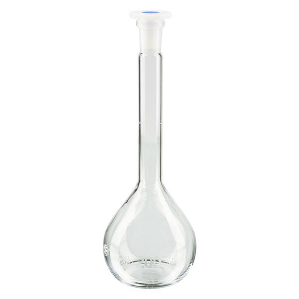 Matraccio volumetrico da 200 ml con giunto smerigliato standard e tappo in PEHD Matraccio volumetrico da 200 ml con giunto smerigliato standard e tappo in PEHD