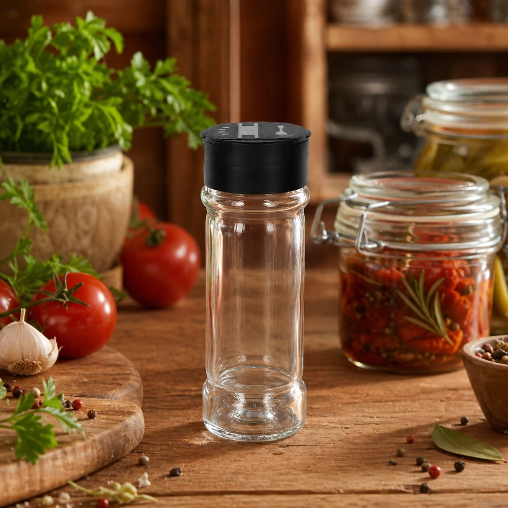 Vaso trasparente per sale da 100 ml con dosatore nero su un tavolo rustico in legno