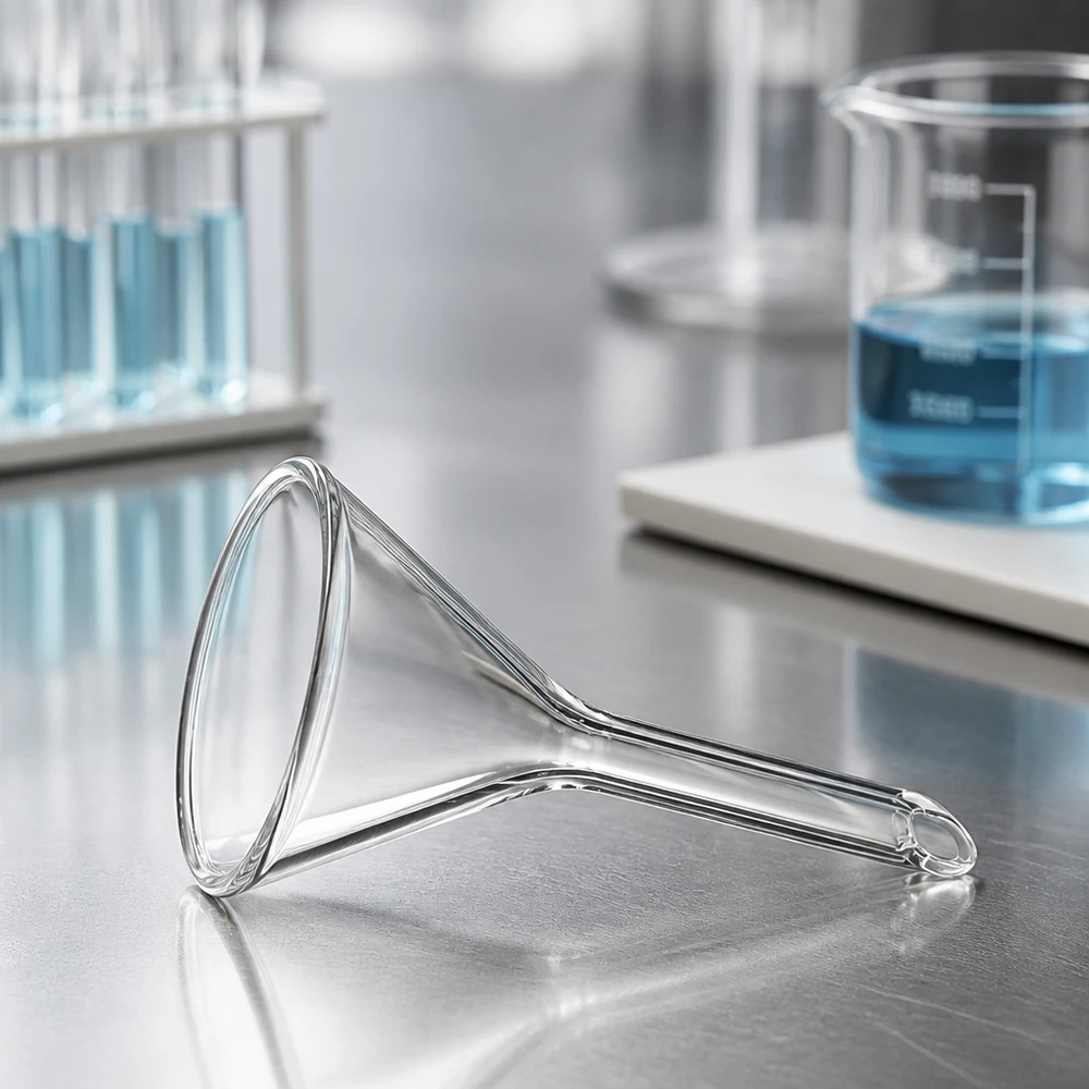 Imbuto Ø 30 mm in calce sodata, angolo 60°, stile corto Imbuto di precisione in vetro da 30 mm con angolo di inclinazione di 60 gradi e manico corto per applicazioni chimiche