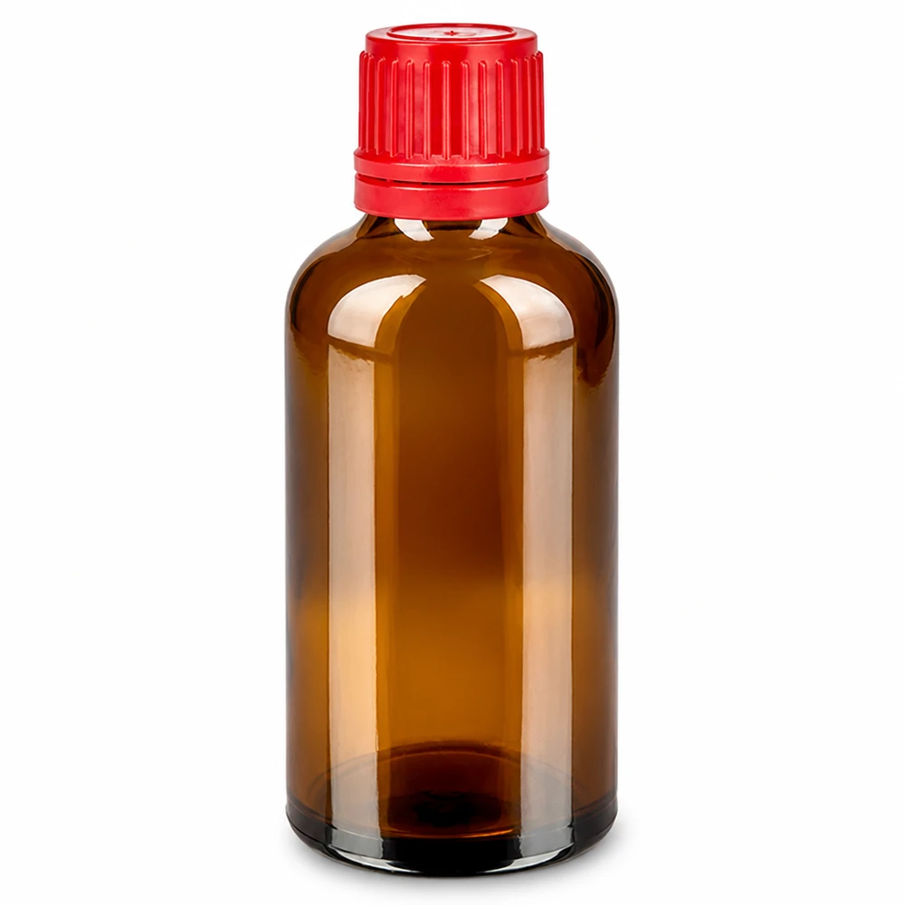 Bottiglia da 50ml 11mm SV rosso OV BrownLine UT18/50 Flacone rotondo da 50 ml in classico vetro ambrato con tappo ergonomico rosso
