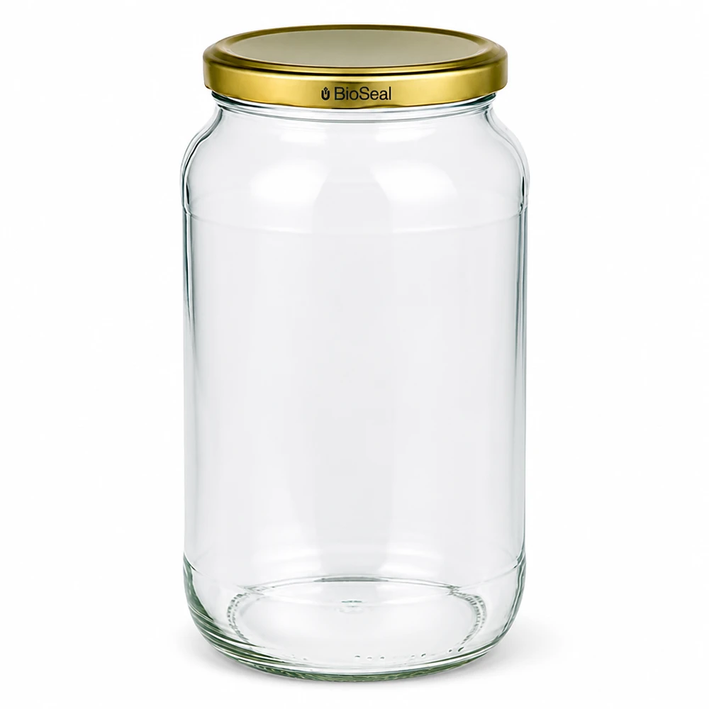 UNiTWIST Runda1062 con coperchio dorato. Coperchio TO82 BioSeal UNiTWIST Runda1062 barattolo per conserve con coperchio dorato TO82 BioSeal barattolo trasparente vuoto per conserve