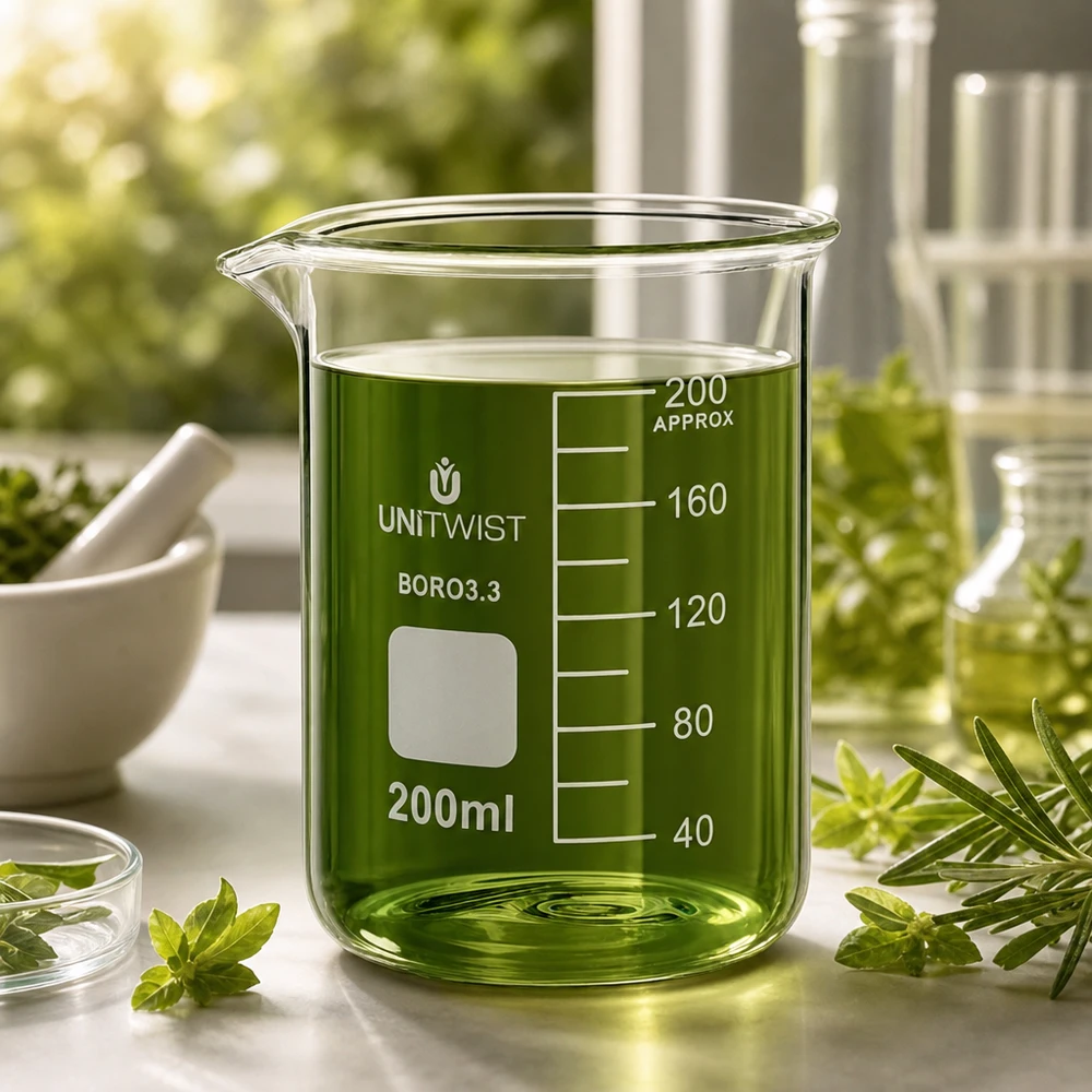 Bicchiere UNiTWIST da 200 ml con liquido verde circondato da erbe aromatiche fresche su uno sfondo bianco