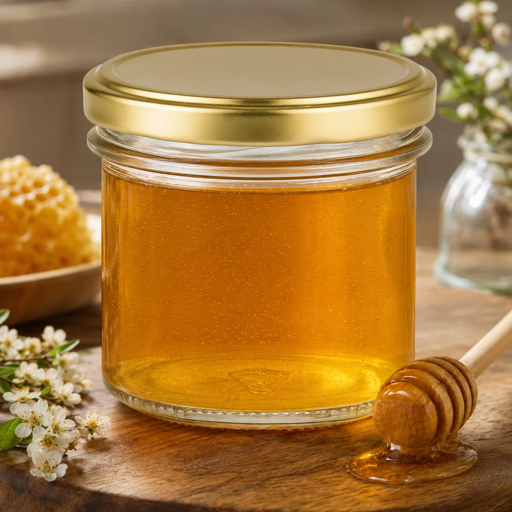 Bicchieri da 125 ml con coperchio BasicSeal oro UNiTWIST 125ml Sturzglas mit BasicSeal Deckel gold gefüllt mit Honig neben Honiglöffel und Blütenzweigen