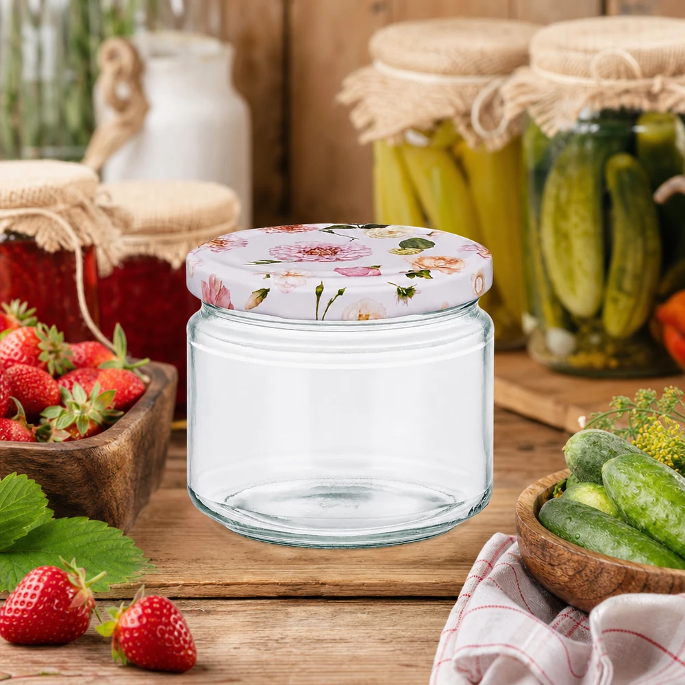 330ml barattolo rotondo BasicSeal rosa fiore coperchio vuoto tra fragole fresche cetrioli conservazione barattoli scena cucina